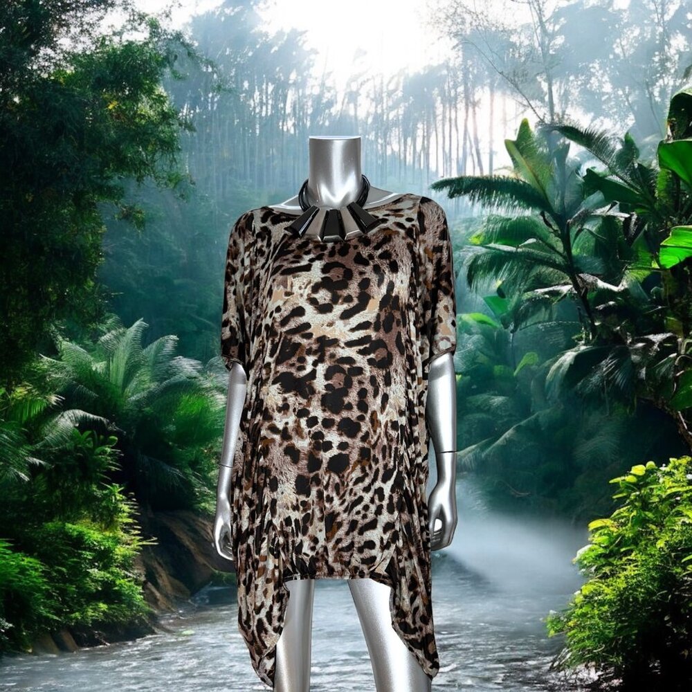 Ciel Leopard Print Asymmetrical Tunic Dress With Short Sleeves S